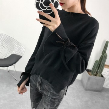 899 solid color lacing long sleeve round neck shirt