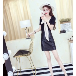 9155 fashion bowtie two sided wear t-shirt with washing PU skirt