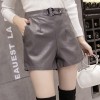 1073 iron ring washing PU leather high waist wide leg shorts