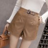 1073 iron ring washing PU leather high waist wide leg shorts