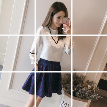 761 Korean fashion lotus leaf chiffon shirt with stripes skirt