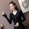 9060 trumpet sleeves slim V neck thin sweater