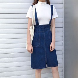 986 simple long elastic waist belt denim skirt