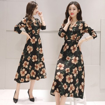 0921 long sleeve slim high waist V neck temperament long dress