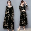 1309 black gold velvet mulberry silk blended retro printing dress