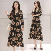 0921 long sleeve slim high waist V neck temperament long dress