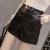 1073 iron ring washing PU leather high waist wide leg shorts