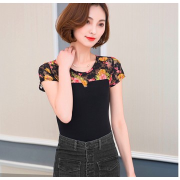 710 net yarn round neck slim printing T-shirt