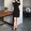 0148 Korea retro wind cross hanging neck off shoulder slim knit dress