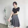 0150 Korea retro style round neck short sleeve vertical stripes pleated knit dress