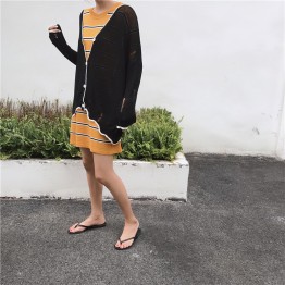 1149 loose contract color long sleeve sunscreen knitted jacket