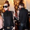 6001 lace sleeves design chiffon high collar shirt