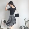 0150 Korea retro style round neck short sleeve vertical stripes pleated knit dress