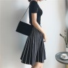 0150 Korea retro style round neck short sleeve vertical stripes pleated knit dress