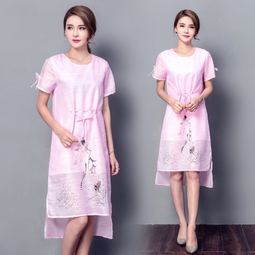 3518 silk-ramie short sleeve round neck drawstring print dress