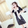 9155 fashion bowtie two sided wear t-shirt with washing PU skirt