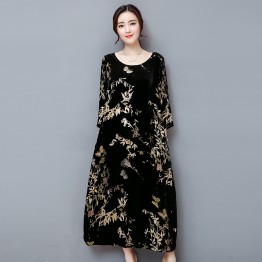 1309 black gold velvet mulberry silk blended retro printing dress