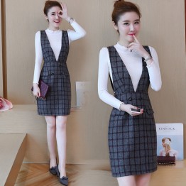 9140 Slim V Collar vest lattice dress with long sleeve sweater