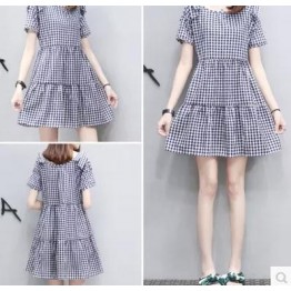 8912 plaid bowknot shoulder A-line dress