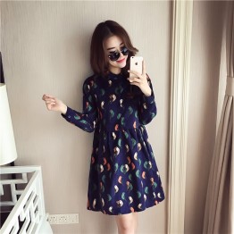 3287 long sleeve shirt collar print pregnant women dress