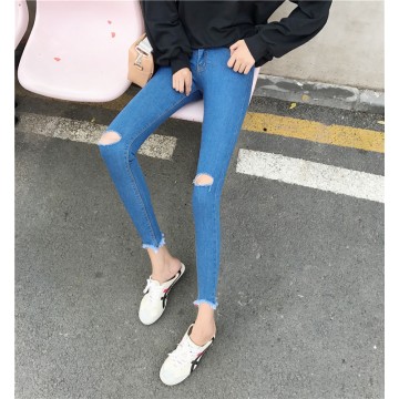 B85 holes high elastic pencil jeans