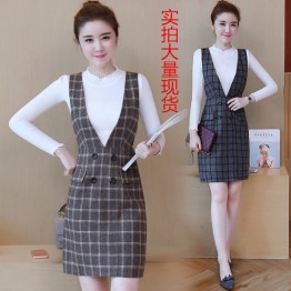 9140 Slim V Collar vest lattice dress with long sleeve sweater
