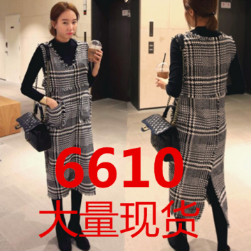 6610 elegant houndstooth sleeveless V-neck strap woolen dress