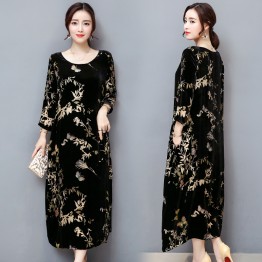 1309 black gold velvet mulberry silk blended retro printing dress