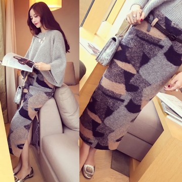 8251 temperament contract color woolen slit half skirt