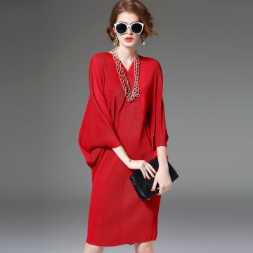 8788 large size women's fashion temperament bat sleeves red loose dress