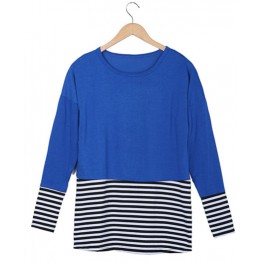 2081 loose large size stripes splicing long sleeve T-shirt