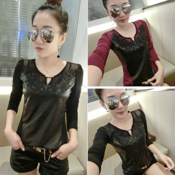 5056 PU leather splicing sexy yarn long sleeves shirt