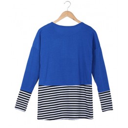 2081 loose large size stripes splicing long sleeve T-shirt