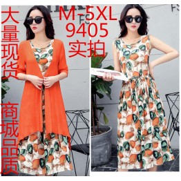 9405 large size printing sleeveless dress with half sleeve cardigan