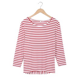 2071 stripes round neck lotus leaf hem long sleeves t-shirt