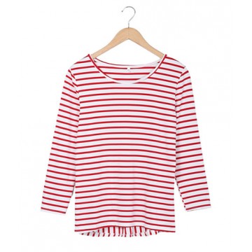 2071 stripes round neck lotus leaf hem long sleeves t-shirt