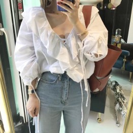 650 sweet loose large V collar with lotus leaf cotton and linen shirt