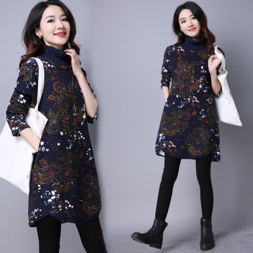 9087 folder cotton knitted print thick dress