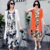 9405 large size printing sleeveless dress with half sleeve cardigan