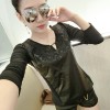 5056 PU leather splicing sexy yarn long sleeves shirt