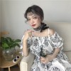 6603 chic simple leaves printed sweet temperament off shoulder strap dress