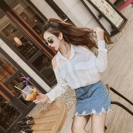 6645 Korean temperament chest pocket long sleeves off shoulder lapel collar shirt