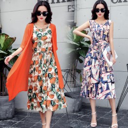 9405 large size printing sleeveless dress with half sleeve cardigan