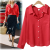 7098 loose long sleeve V-neck women's solid color shirt