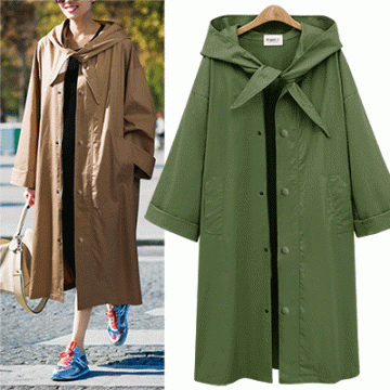 7108 long fashion solid color hooded trench coat
