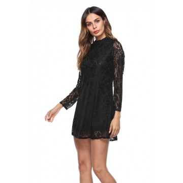 6073 Euramerican solid nine-point sleeves lace dress