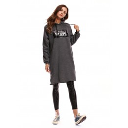 9814A long thick letters print hooded fleece dress 