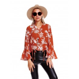 9846A V neck print trumpet sleeve shirt