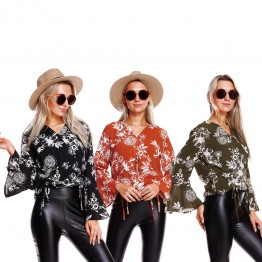 9846A V neck print trumpet sleeve shirt