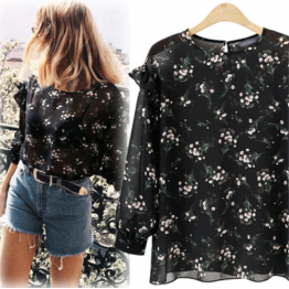 7096 floral long sleeve trumpet chiffon shirt